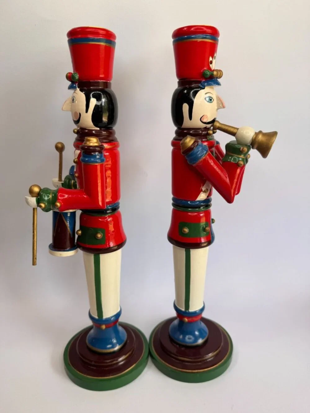 Vintage Kurt Adler Wooden Soldier Candle Holders Drummer Trumpeter Pair 11.75